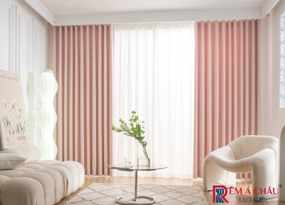 Rèm vải nhập khẩu Á Châu màu hồng nhạt