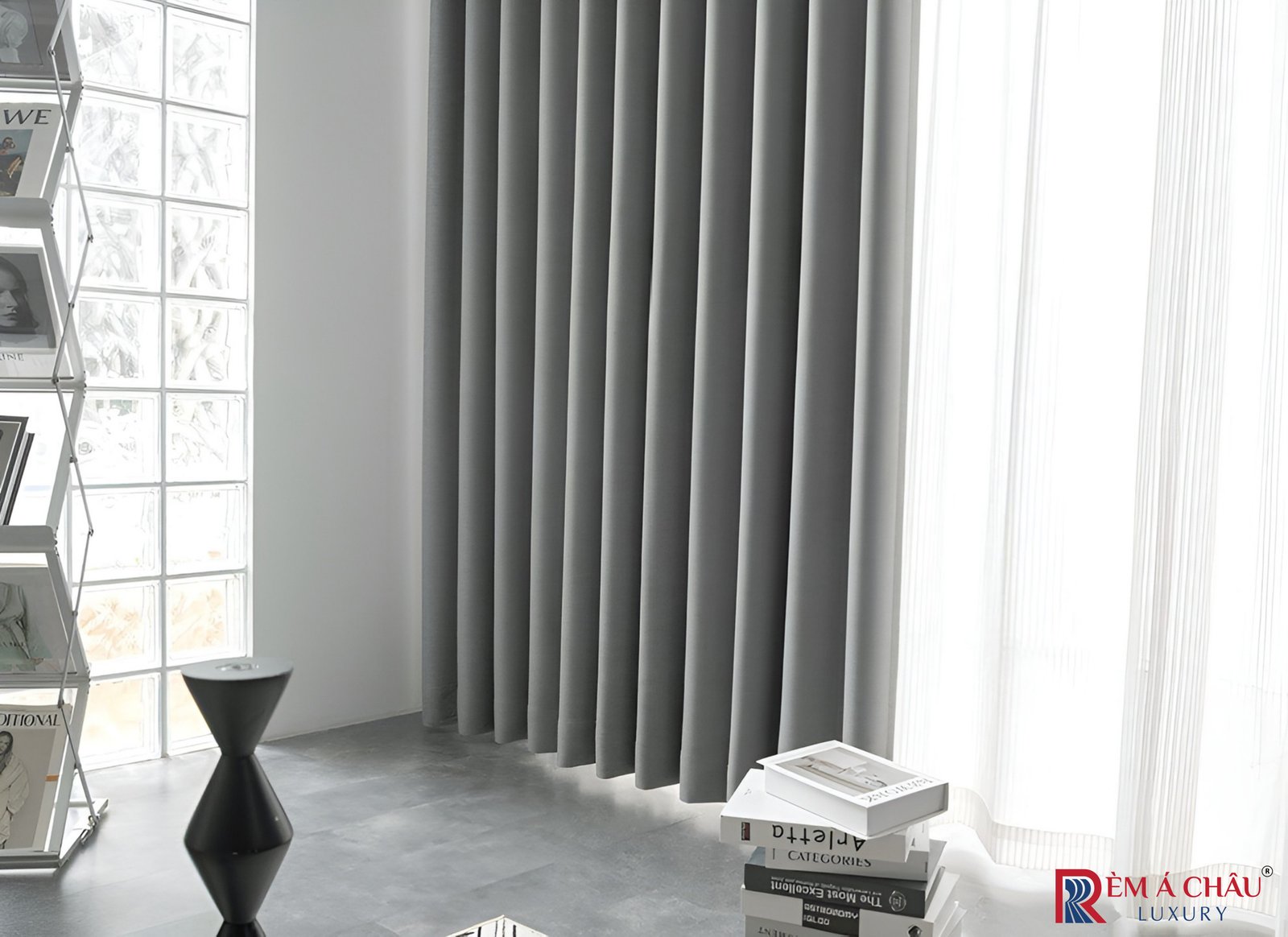 Rèm vải nhập khẩu Á Châu màu xám nhạt