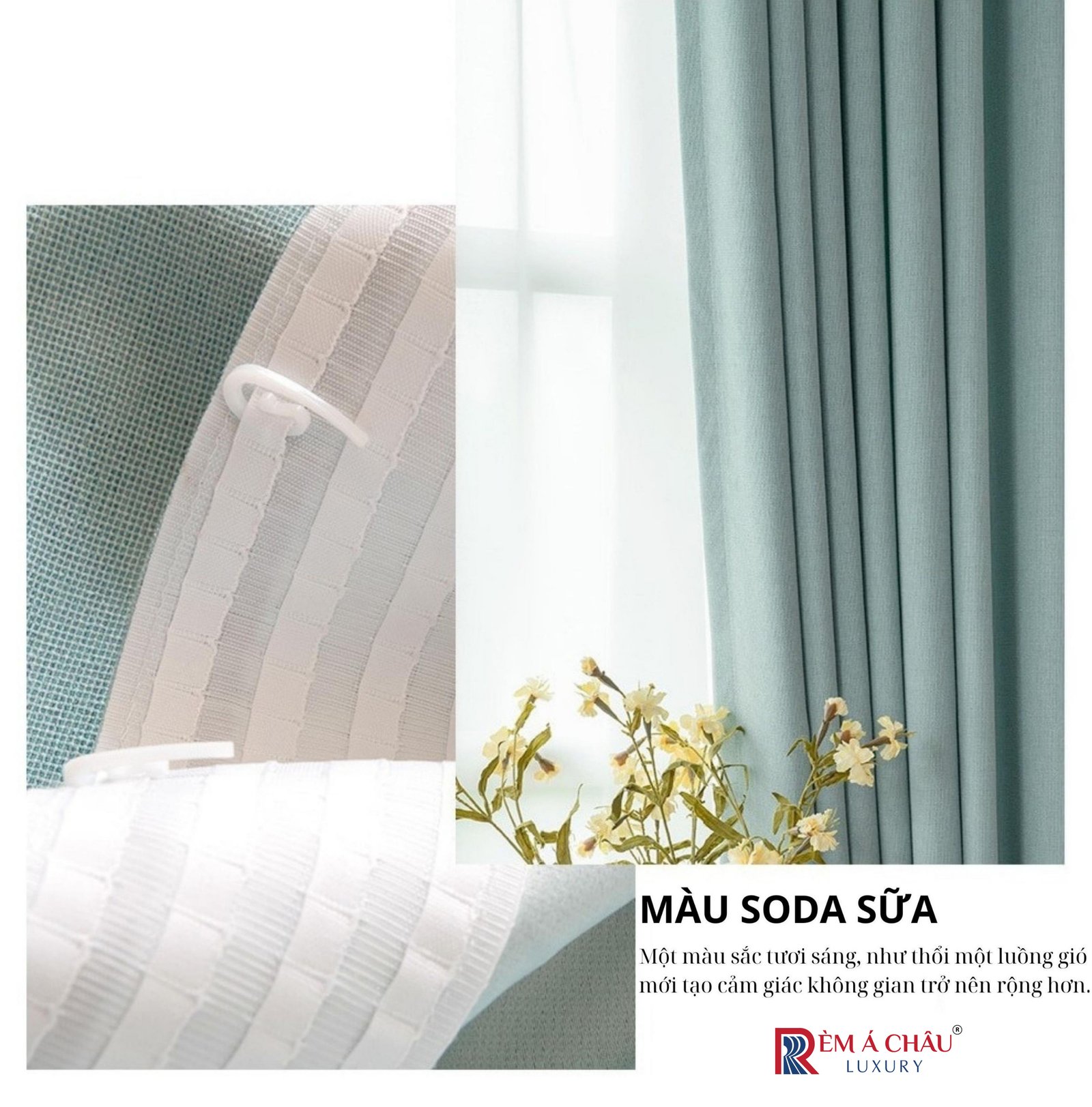 Rèm vải nhập khẩu Á Châu màu xanh Soda Sữa
